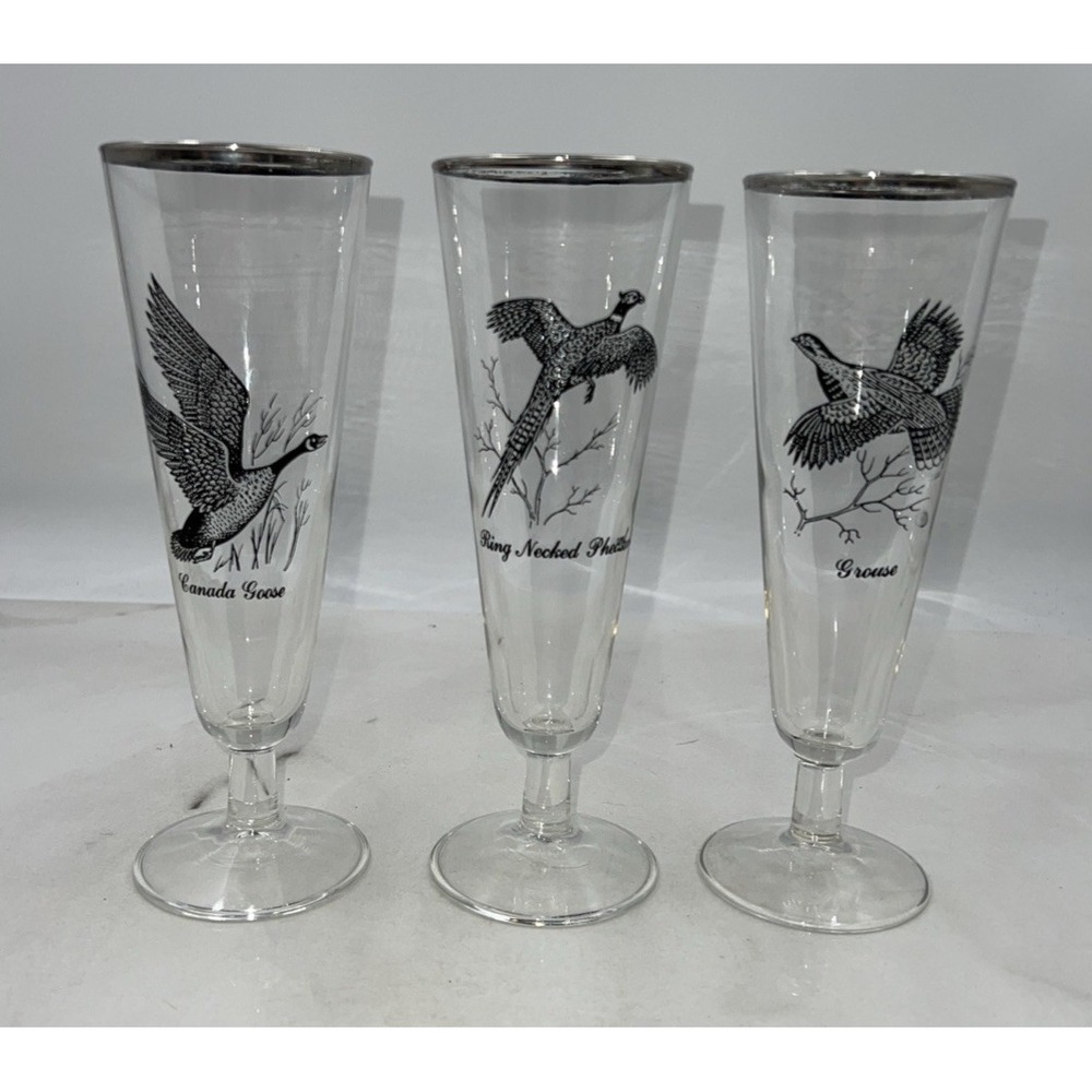 Vintage Federal Glass Pilsner Glasses Game Bird Silver Rim Set 3 Sportsman Bar